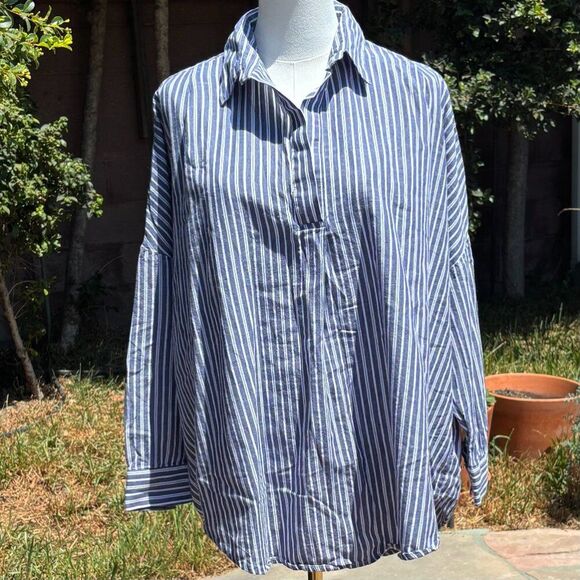 French Connection Blue Striped Button-Front Shirt Large Cotton High-Low Hem - Picture 2 of 8